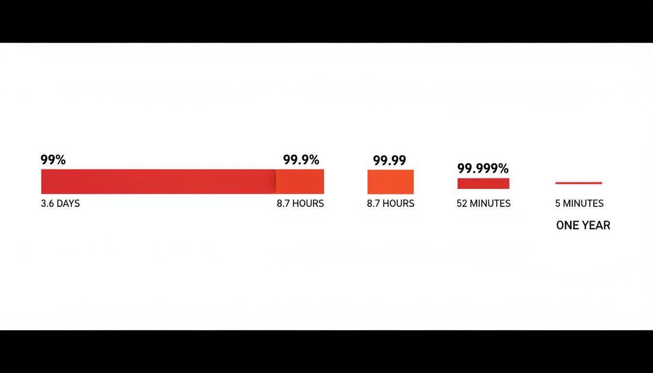 Timeline diagram showing annual allowed downtime shrinking dramatically from 3.6 days at 99% uptime to just 5 minutes at five nines