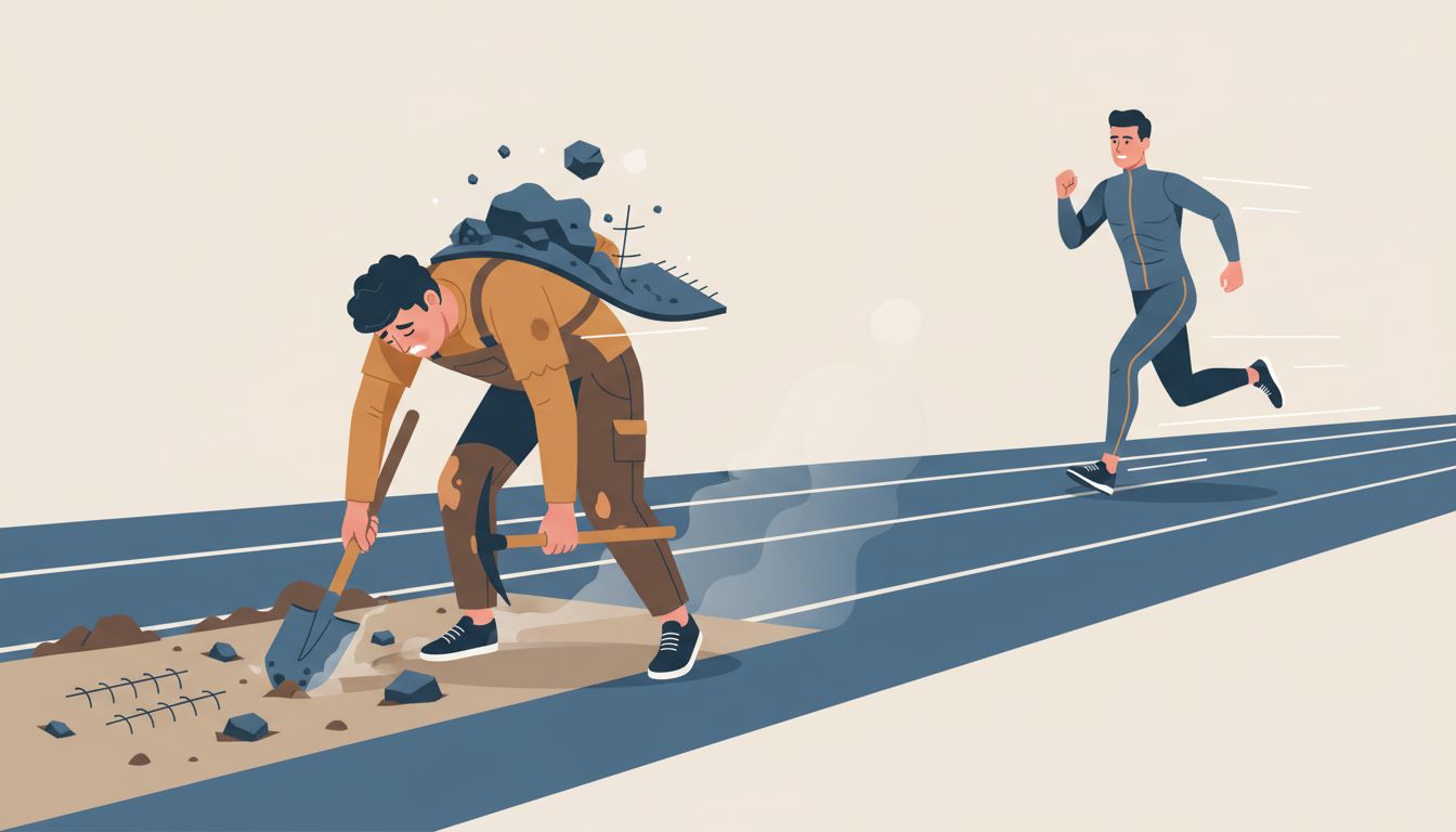 Illustration of a pioneer building the road while running, while a second competitor races ahead on the finished path