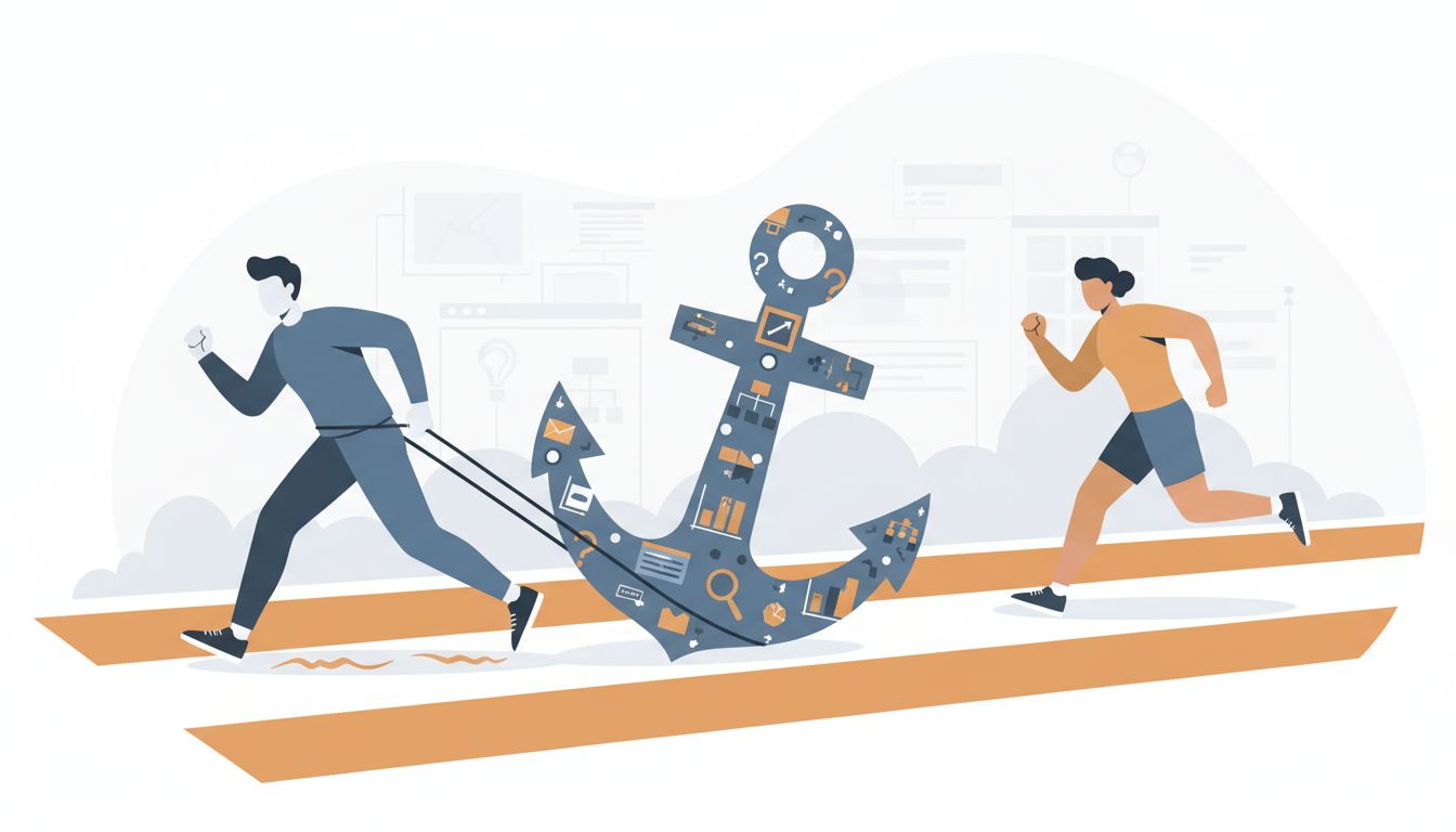 Illustration of a pioneer runner weighed down while a follower runs free