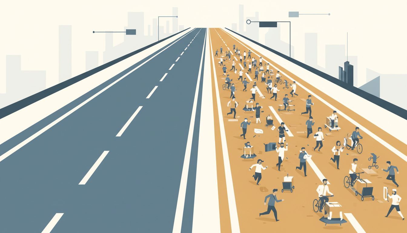 Illustration contrasting an empty perfect lane with a busy imperfect one, symbolizing how adoption beats technical superiority