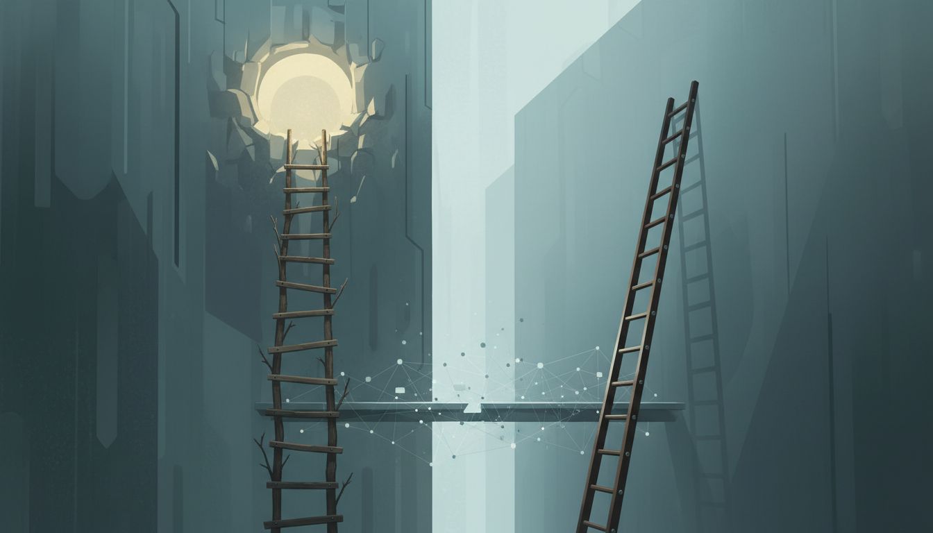 Two ladders side by side, the second one polished but leaning against the wrong wall