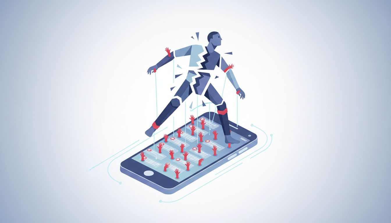 Illustration of a fragmented human figure being pulled in multiple directions by notification alerts from a smartphone