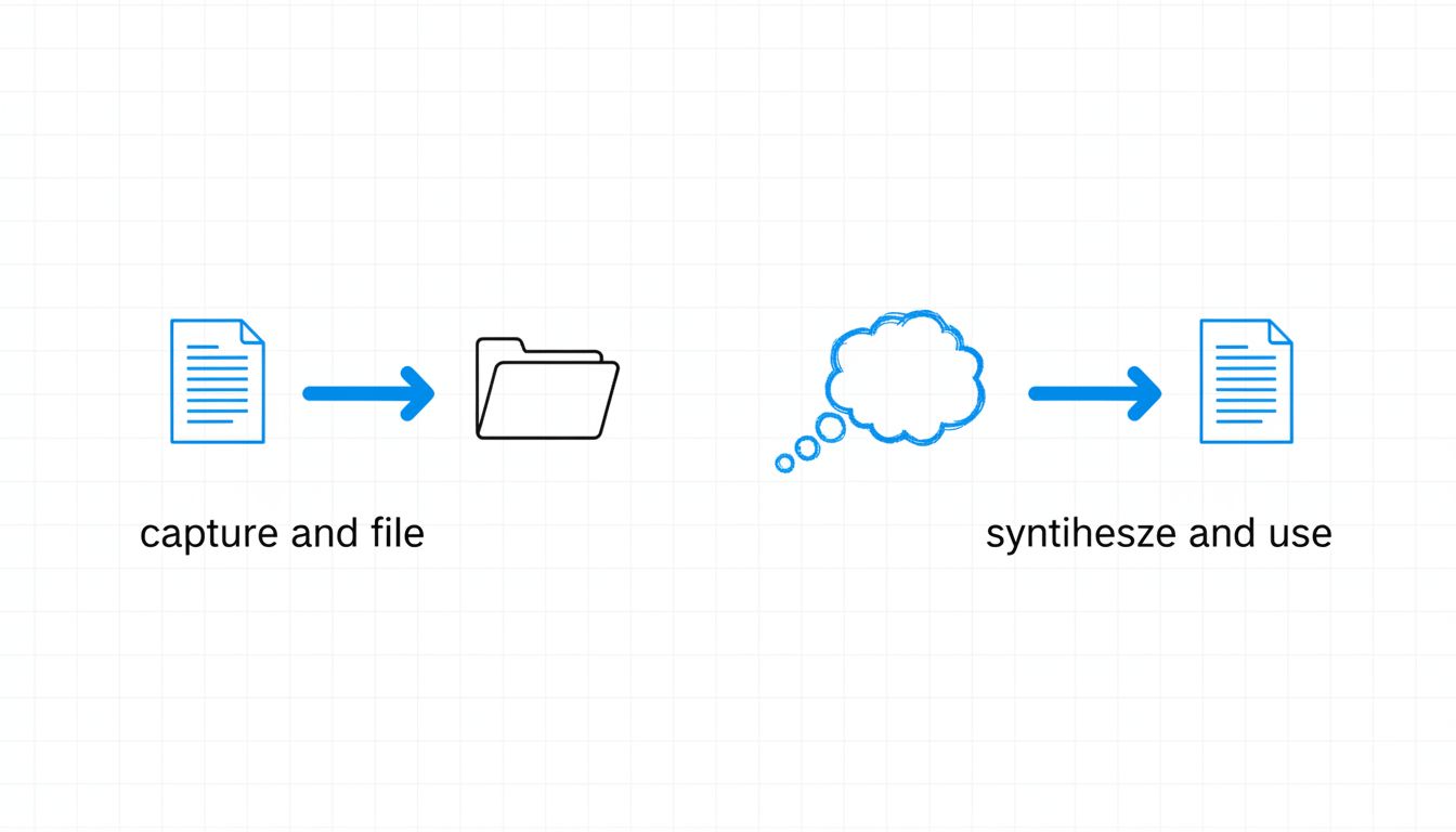 Diagram showing two paths for handling notes: capture-and-file versus synthesize-and-use