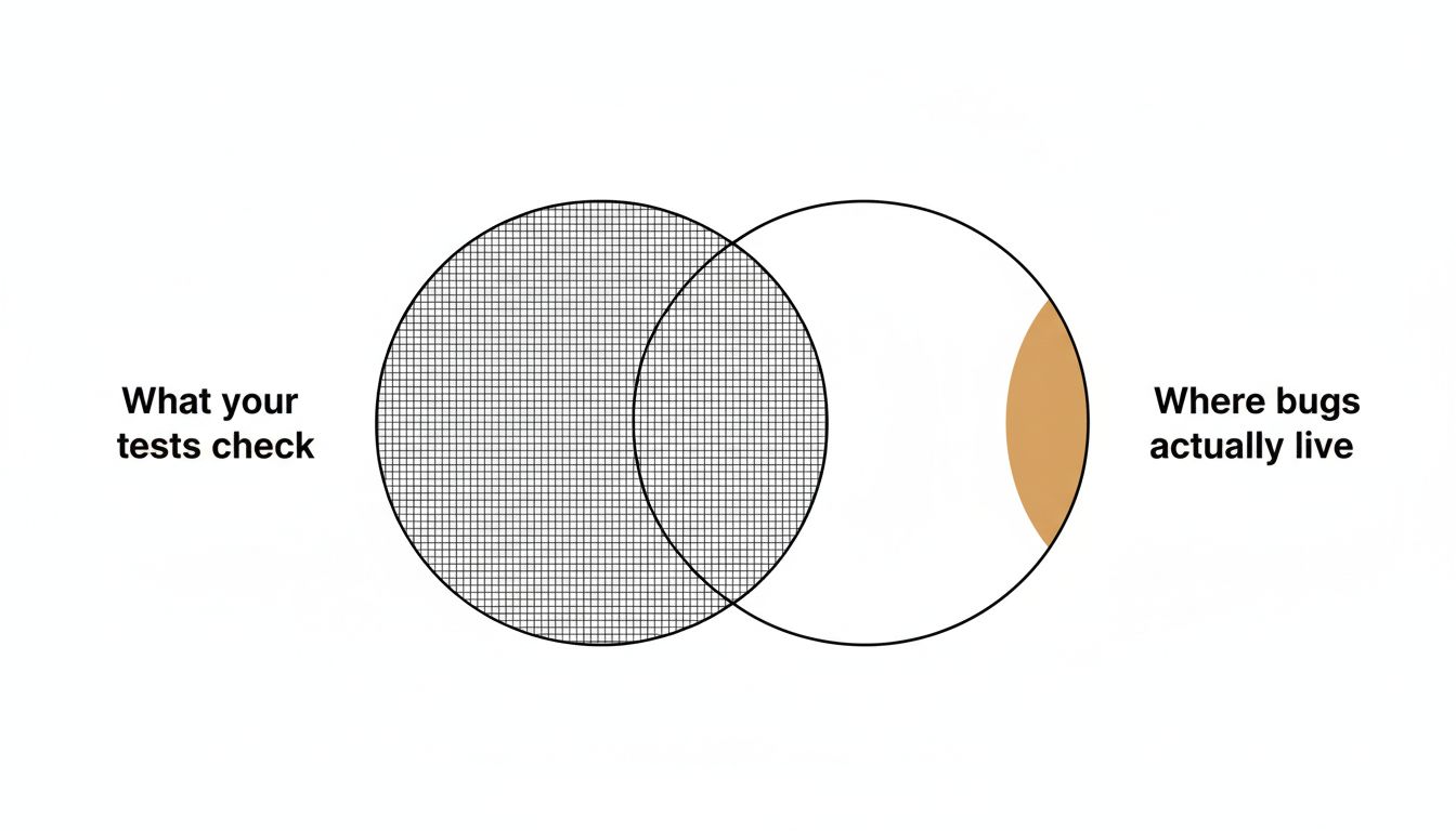Venn diagram showing the small overlap between what tests check and where bugs actually live