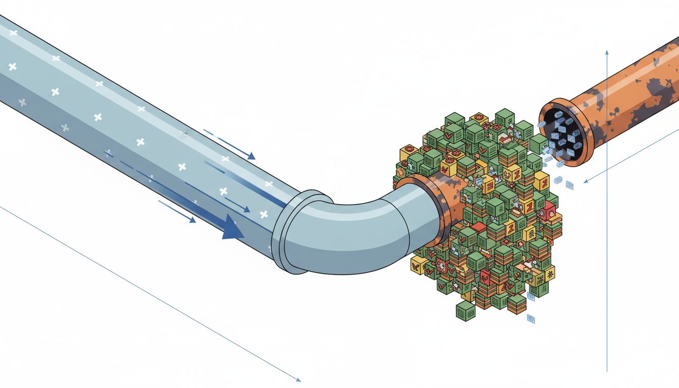 Diagram showing a wide easy input pipe and a narrow clogged output pipe, representing how task systems are designed for adding but not finishing