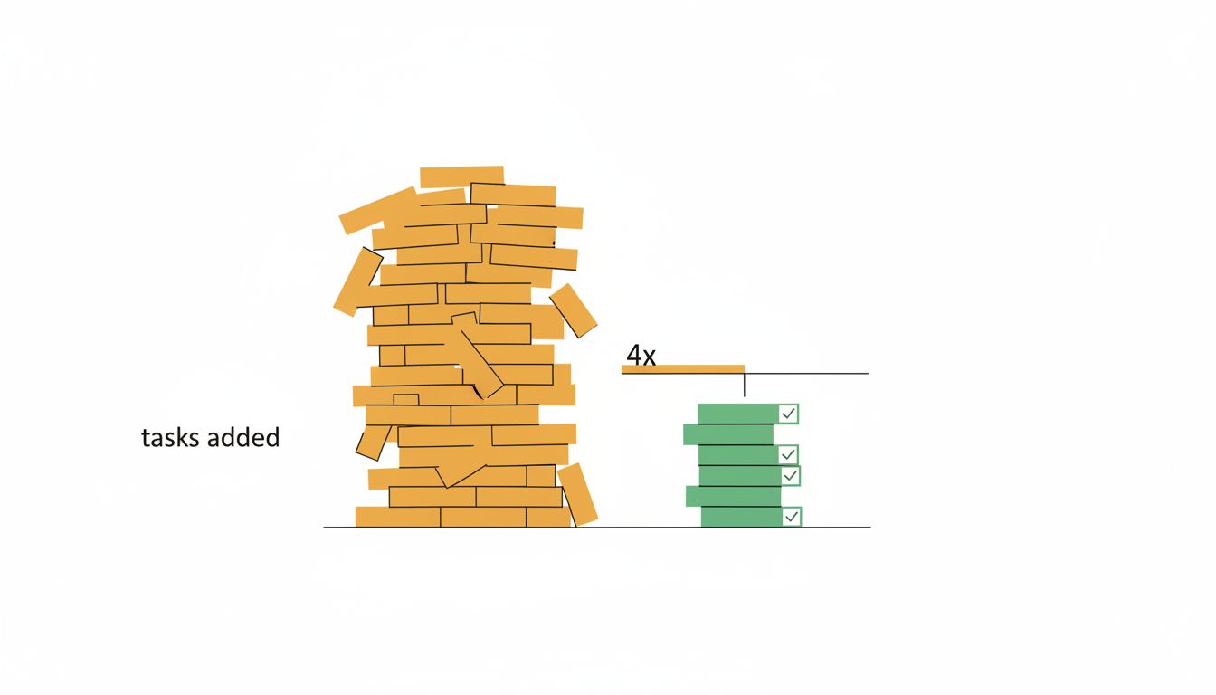 Visual comparison of tasks added versus tasks completed, showing a dramatic imbalance