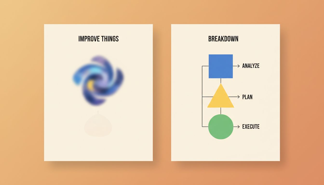 Diagram comparing vague outcome-style tasks on the left with concrete action-verb tasks on the right