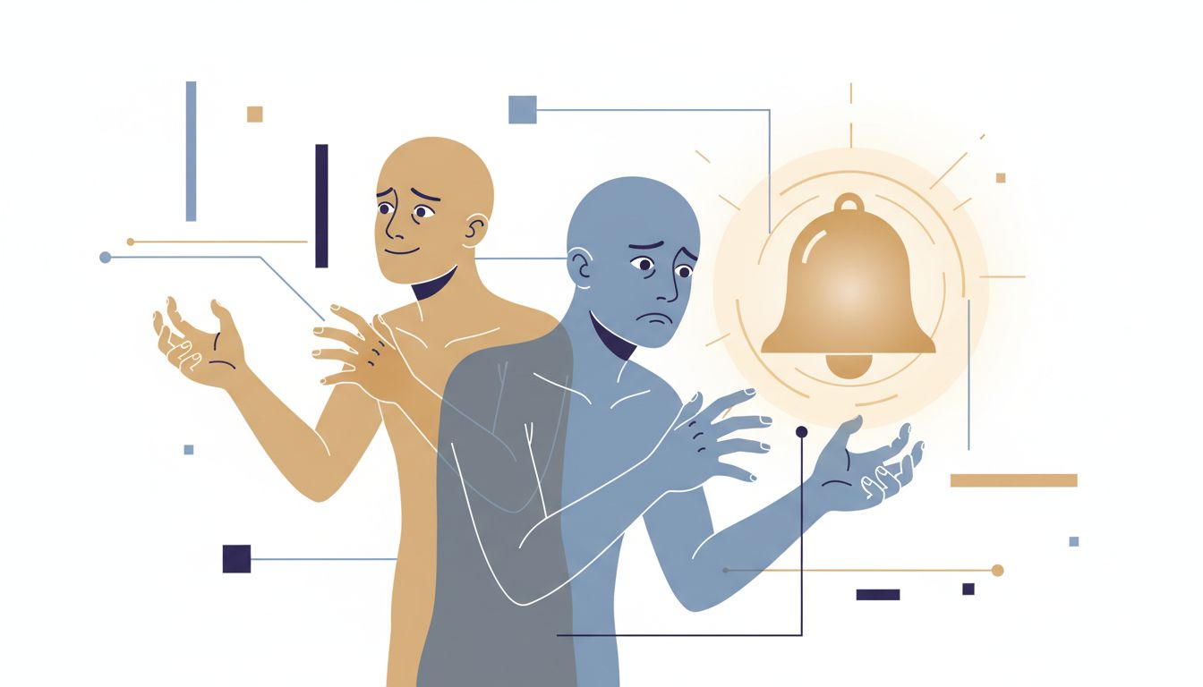 Two overlapping figures reaching toward a notification bell, representing past and present self
