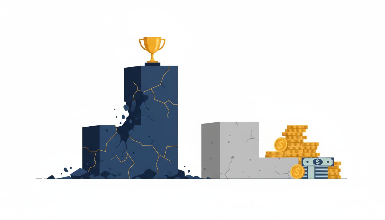 Illustration showing a crumbling first-place podium next to a sturdy second-place podium with more money beside it
