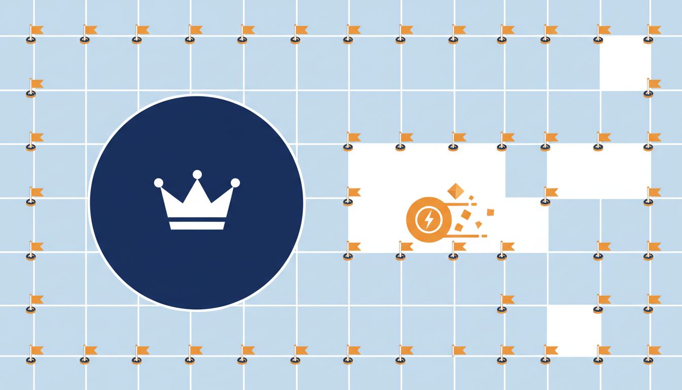Abstract diagram showing a large market leader defending all positions while a smaller competitor moves freely through uncontested space