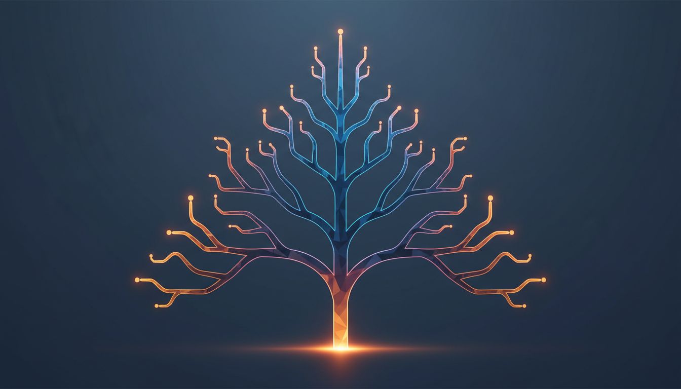 Abstract diagram showing branching probability paths from a single origin point