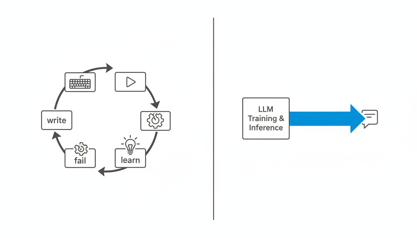Diagram comparing a developer's feedback loop with an LLM's lack of runtime feedback
