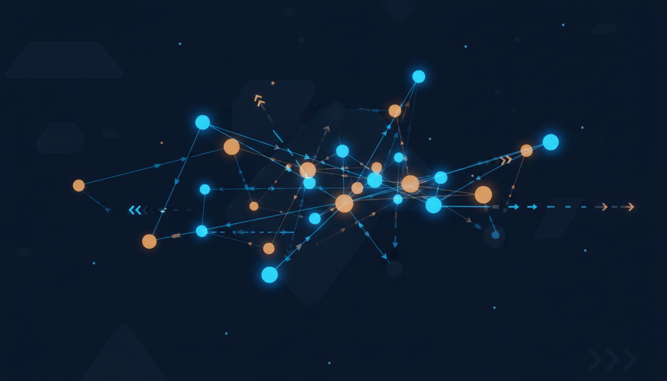 Abstract illustration of distributed network nodes with connections of varying signal strength