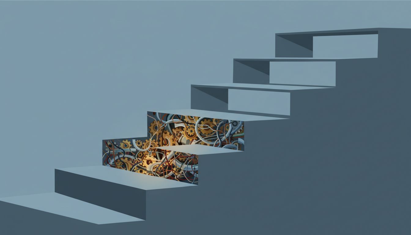 Illustration of a staircase where the second step appears normal but conceals complex hidden machinery inside