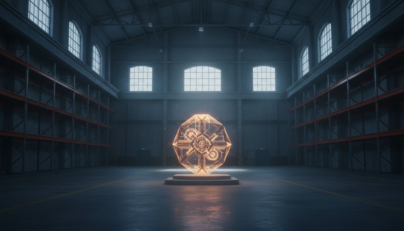 A small, perfectly crafted object glowing inside a vast empty warehouse, symbolizing quality over scale