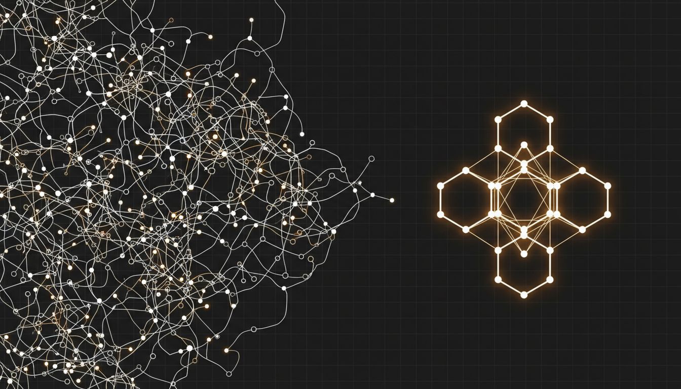 Diagram comparing a sprawling loosely connected network to a small tightly integrated cluster