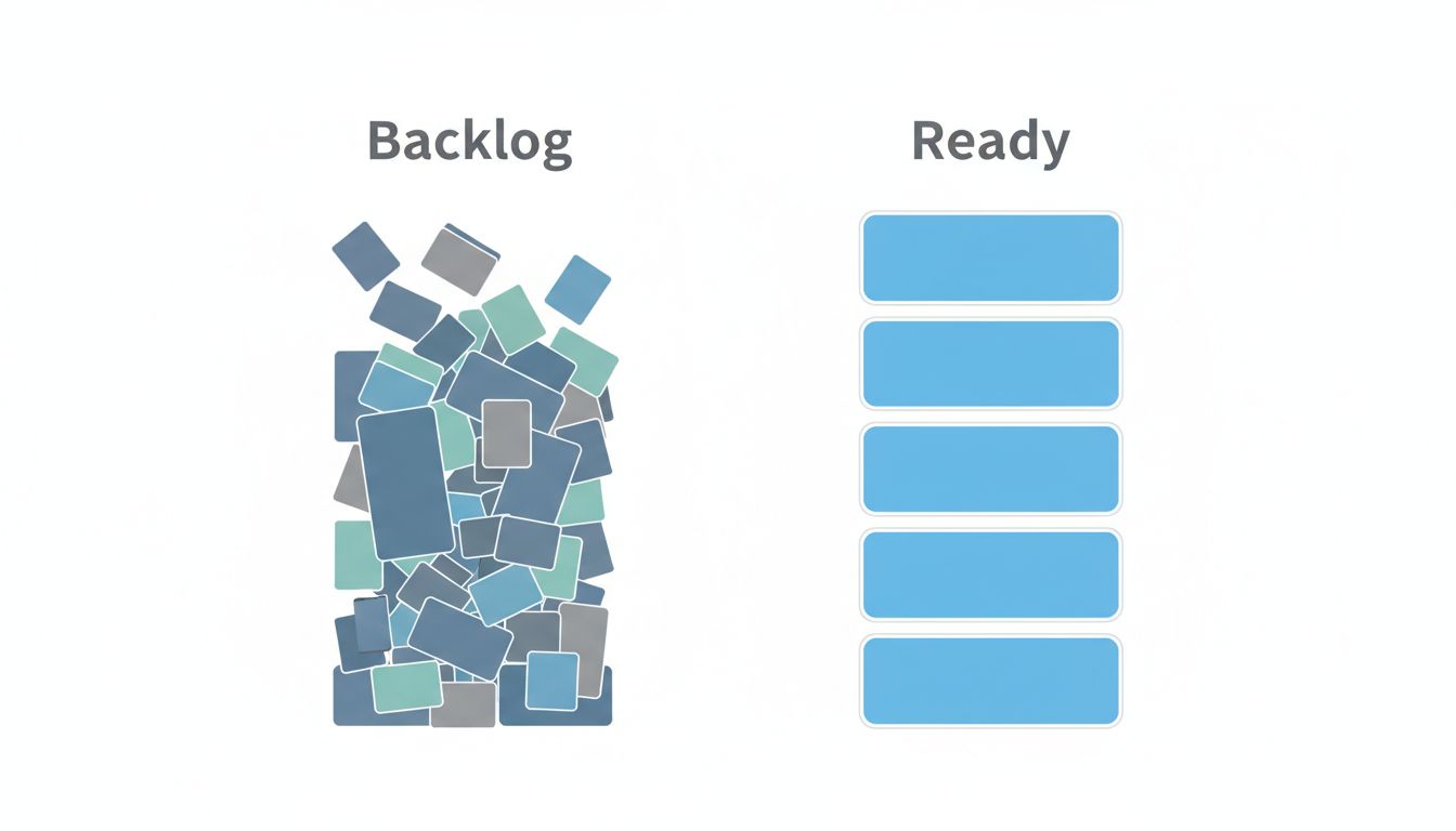 Diagram comparing an overflowing backlog column to a short, manageable ready queue