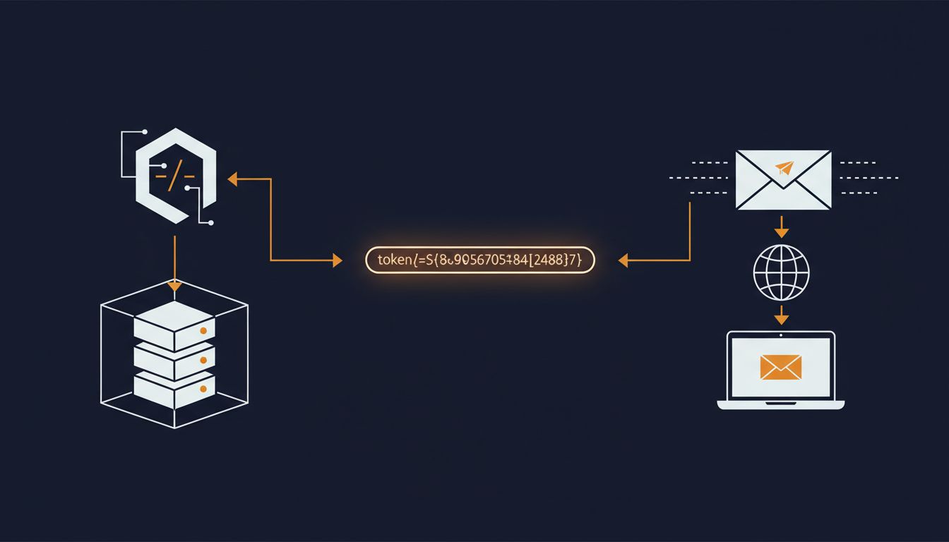 Illustration of a password reset token being hashed and transmitted via email