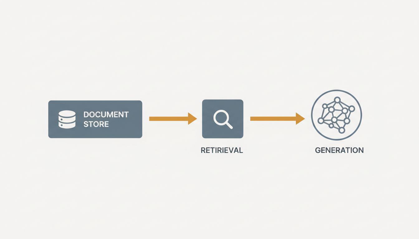 Diagram of a retrieval-augmented generation pipeline showing document store, retrieval step, and language model