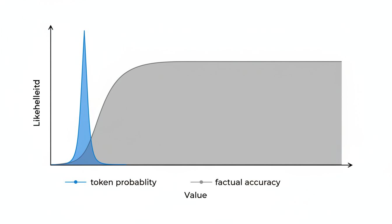 Graph showing token probability and factual accuracy as separate, misaligned distributions