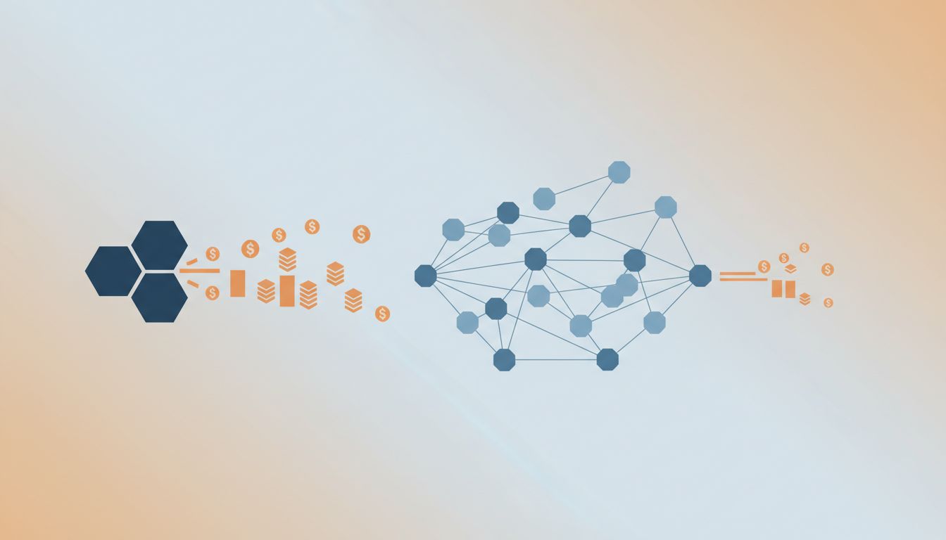 Abstract diagram showing fewer connected nodes producing greater output than a larger, tangled network
