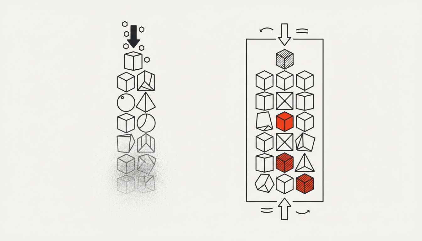 Diagram comparing an unbounded growing task queue to a bounded balanced queue with aging tasks highlighted