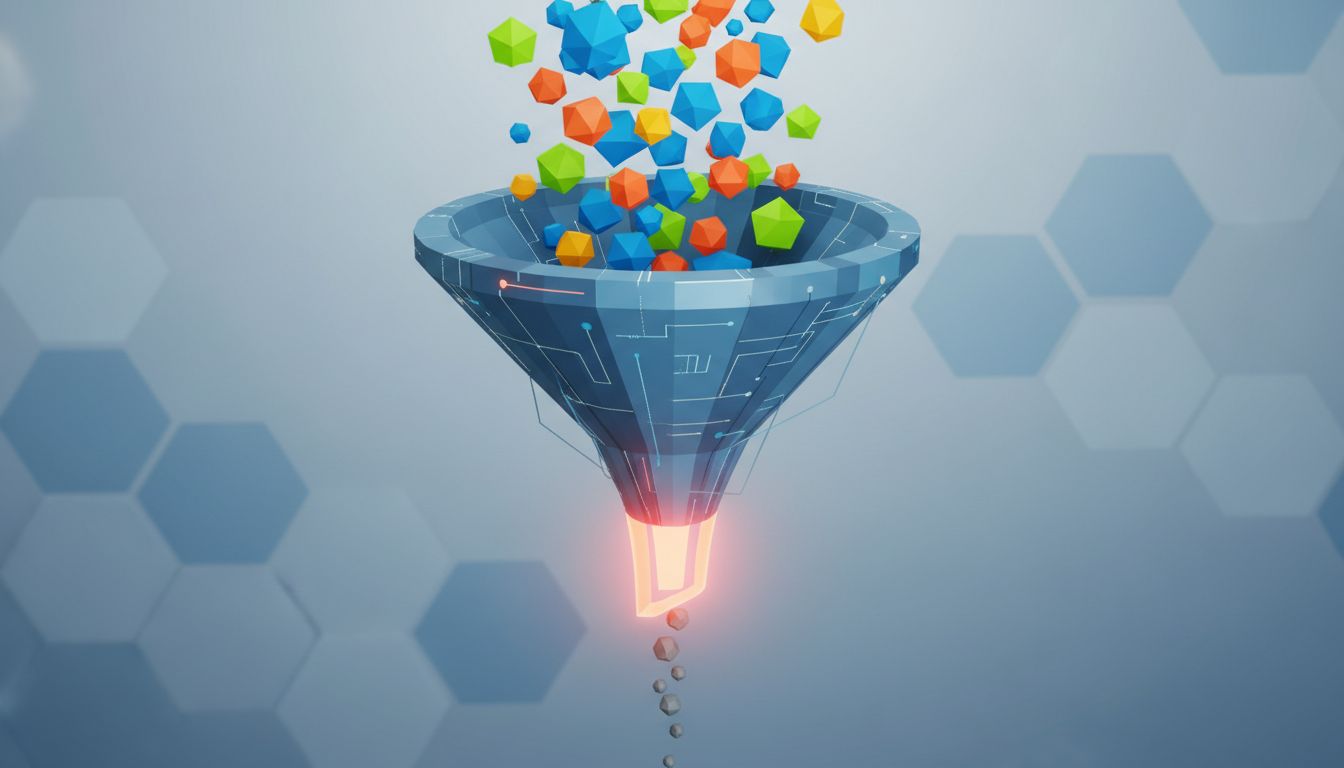 Illustration of a wide funnel accepting many tasks with only a narrow output, representing the imbalance between task capture and task completion